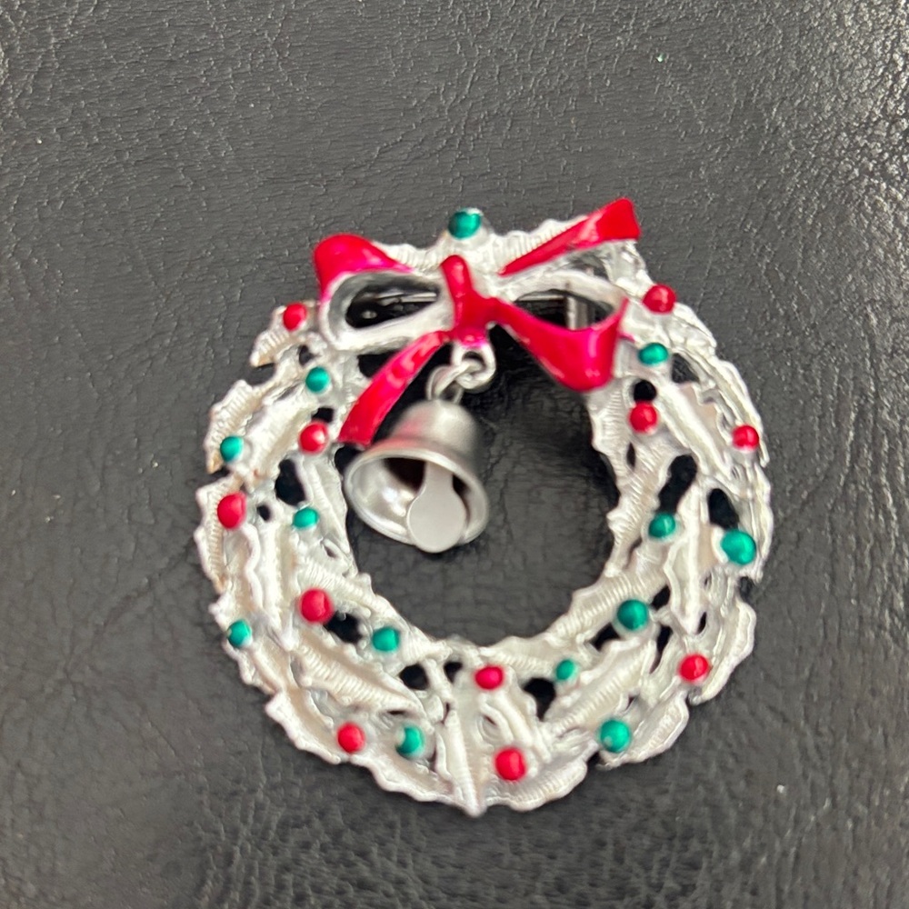 Festive Silver Wreath Brooch with Red and Green enamel Accents
